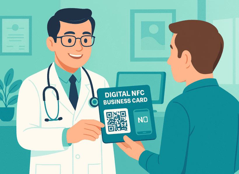 Doctor Handing Digital Business Card To Patient